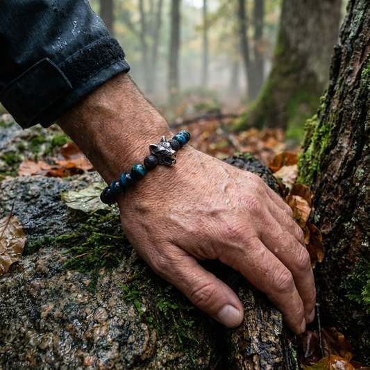 Elastische edelsteen armband met lavasteen en blauwe tijgeroog met rvs wolvenkop