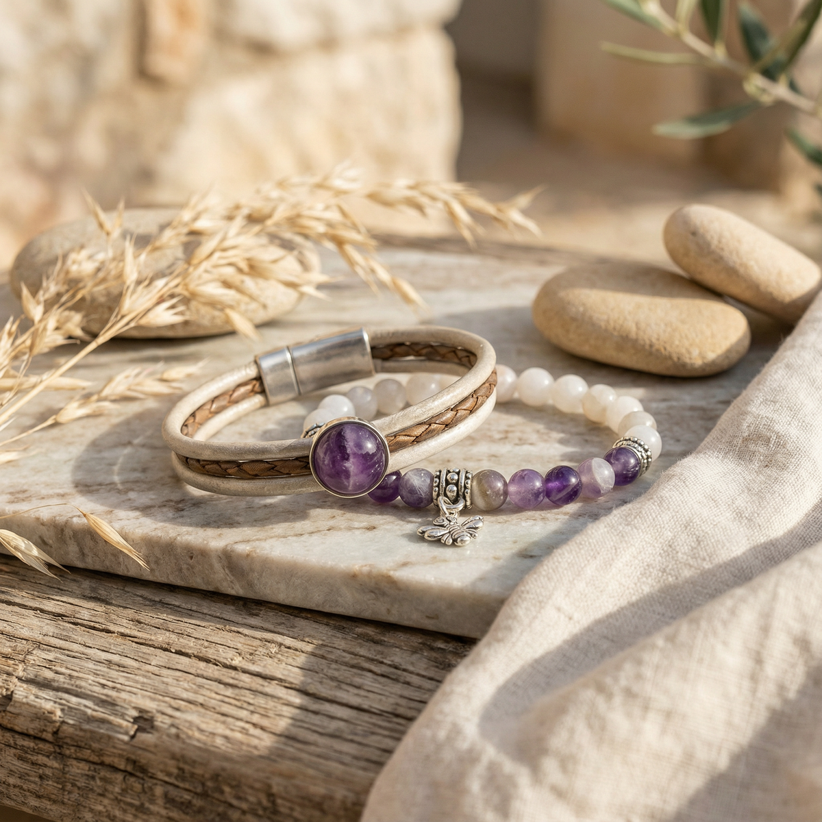 Bundelkorting leather&Stone Amethist met de elastische edelsteen armband pollination amethist en agaat.