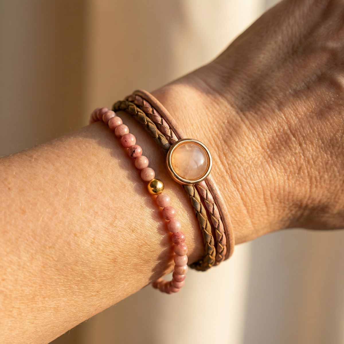 Bundelkorting Leather& Stone rozenkwarts en elastische edelsteen armband Rhodoniet om pols