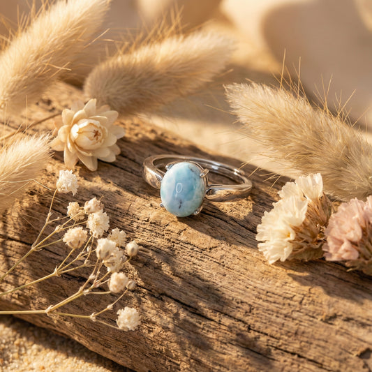 925 Zilveren ring, verstelbaar/ one size, larimar cabochon