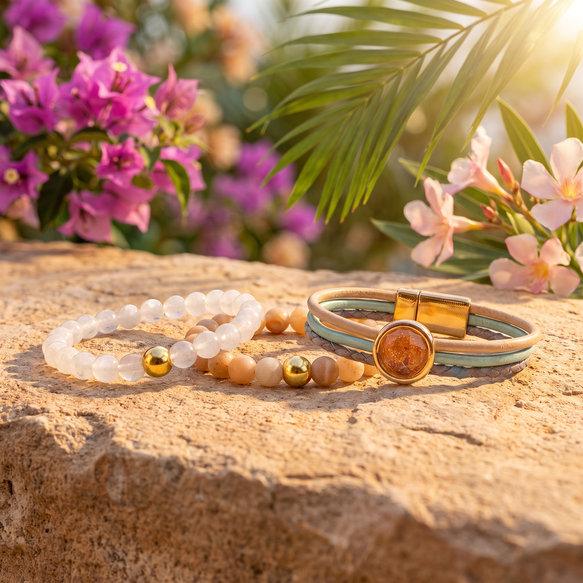 Elastische edelsteen armbanden met zonnesteen en maansteen kralen en een leren edelsteen armband met 12mm zonnesteen cabochon