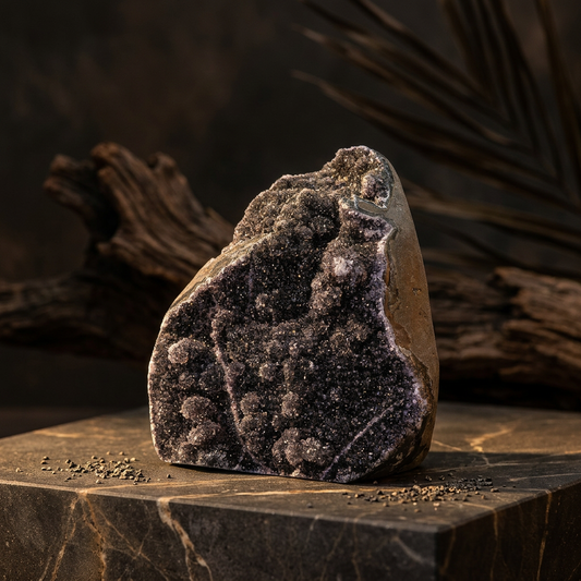 Zwarte amethist sculptuur van natuurlijke edelsteen voor decoratie en spirituele doeleinden