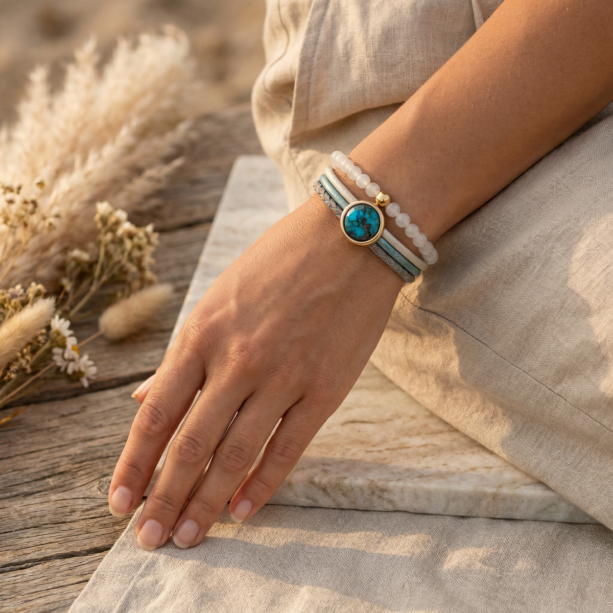 Bundelkorting op de leather & Stone edelsteen armband met 12mm Chrysocolla cabochon met de elastische edelsteen armband maansteen met gouden kraal.
