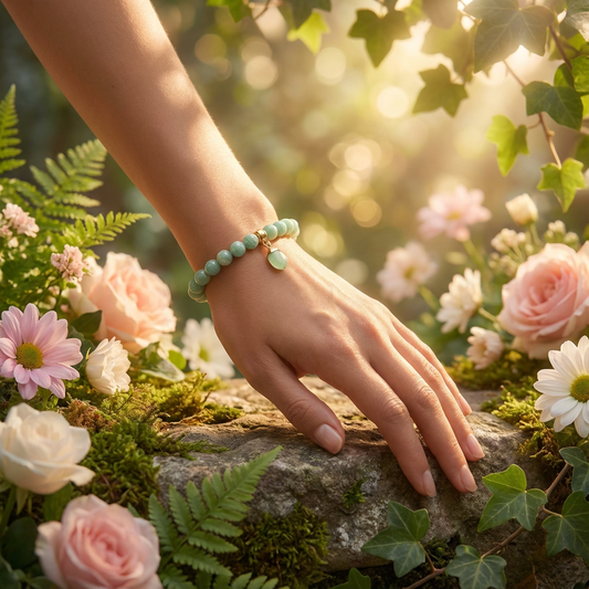elastische edelsteen armband amazoniet met aventurijn bedel met gouden sierkralen