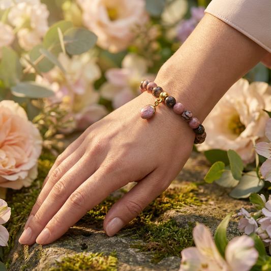 elastische natuurlijke edelsteen armband met 6mm rhodoniet kraal en bedel.