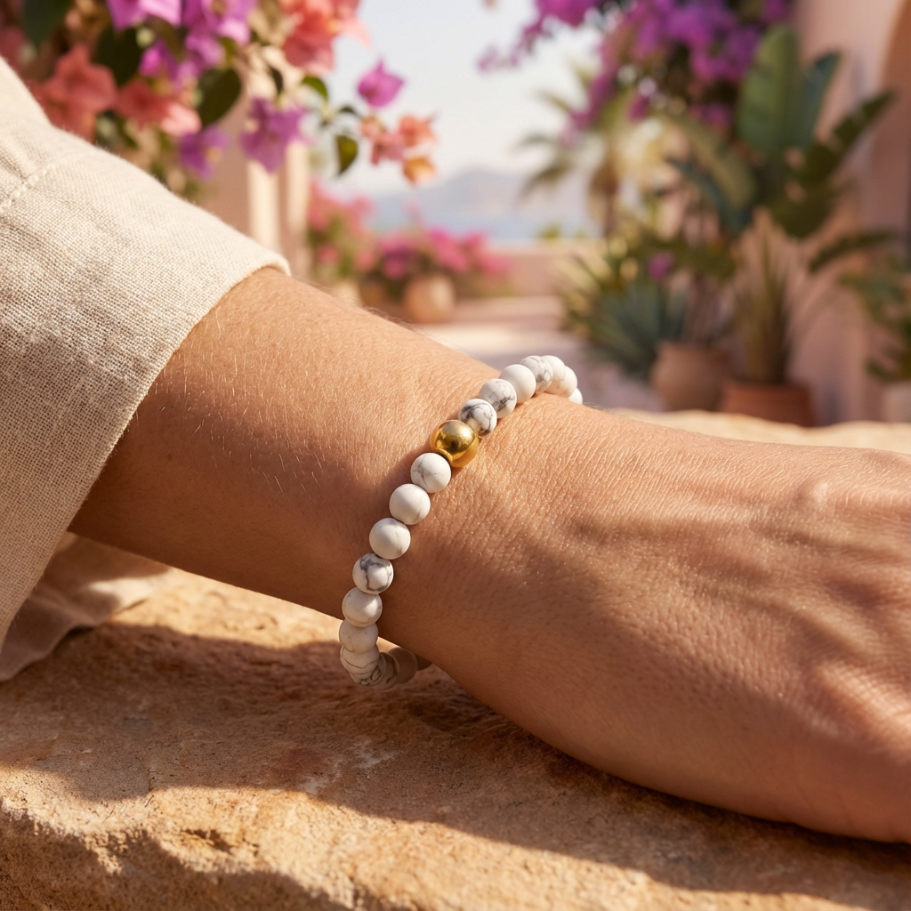 Model draagt handgemaakte howliet armband 6mm van Beaditude om de pols