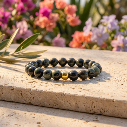 Handgemaakte BEBASICKambaba jaspis armband 8mm van Beaditude met natuurlijke groen, zwarte kambaba jaspis kralen