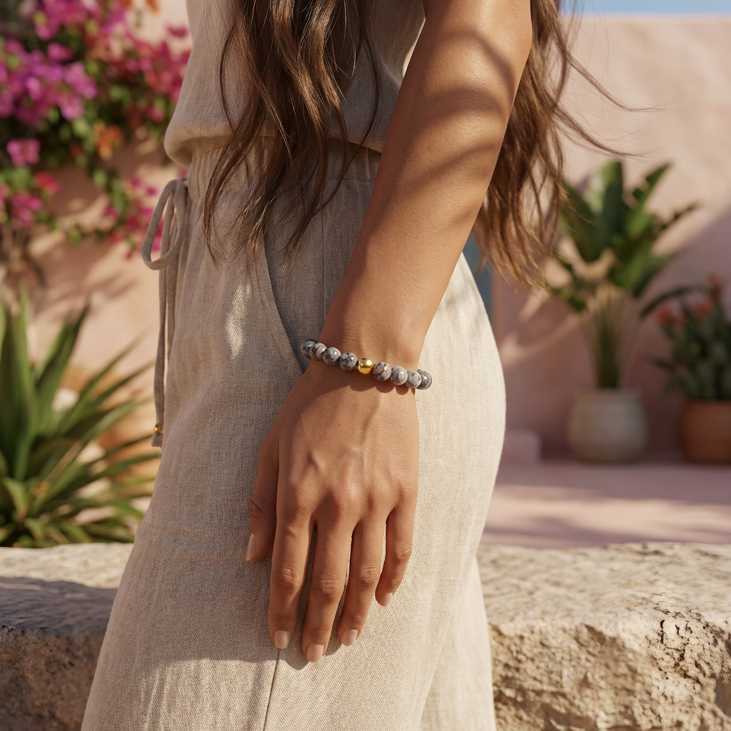 elastische edelsteen armband met picasso jaspis kraal en gouden kraal 8mm