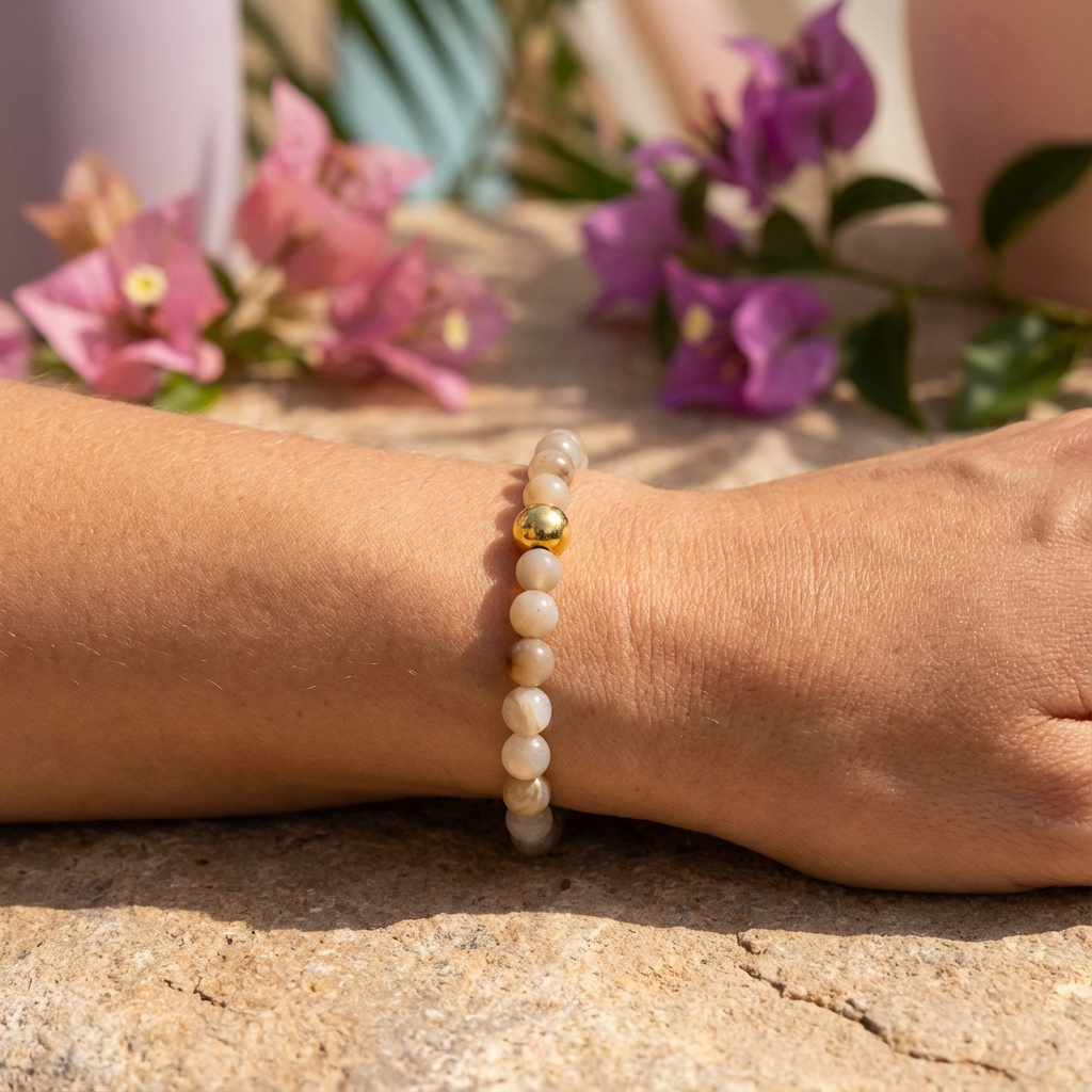 Model draagt handgemaakte agaat armband 6mm van Beaditude om de pols