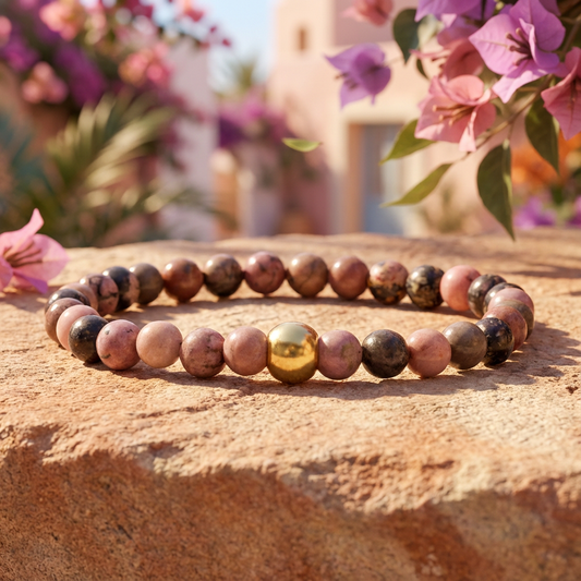 Handgemaakte BEBASIC rhodoniet armband 6mm van Beaditude met natuurlijke roze,zwarte rhodoniet kralen