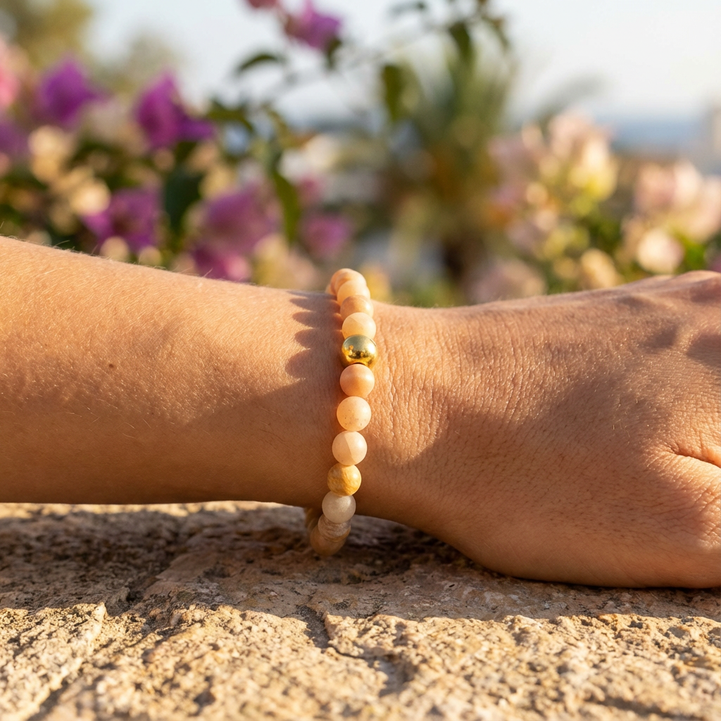 Model draagt handgemaakte maansteen armband 6mm van Beaditude om de pols