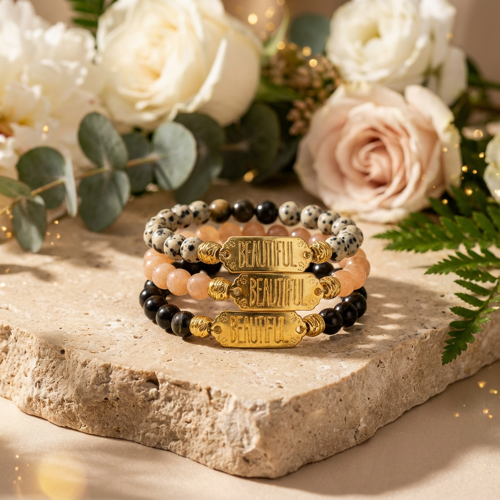 Elastische edelsteen armbanden van de  collectie beautify met de kralen dalmatier jaspis, zonnesteen en gouden obsidiaan met gouden tussenzetsel beautiful