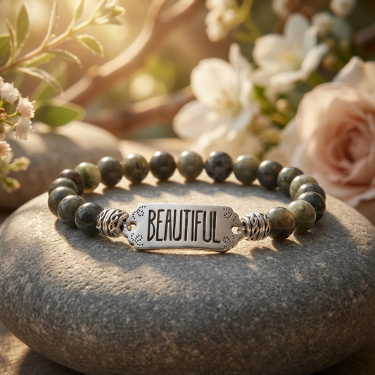 elastische edelsteen armband met Labradoriet kralen en een tussenzetsel beautiful