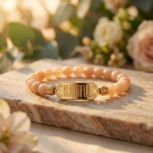 Elastische edelsteen armband met zonnesteen kralen en gouden tussenzetsel beautiful