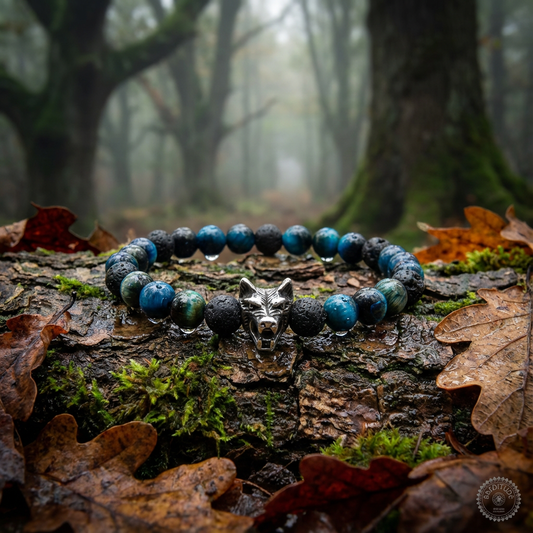 Elastische edelsteen armband met lavasteen en blauwe tijgeroog met rvs wolvenkop