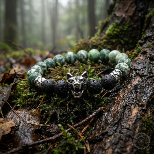 Elastische edelsteen armband met lavasteen en groene jade kralen met rvs onderdelen en rvs wolvenkopkraal