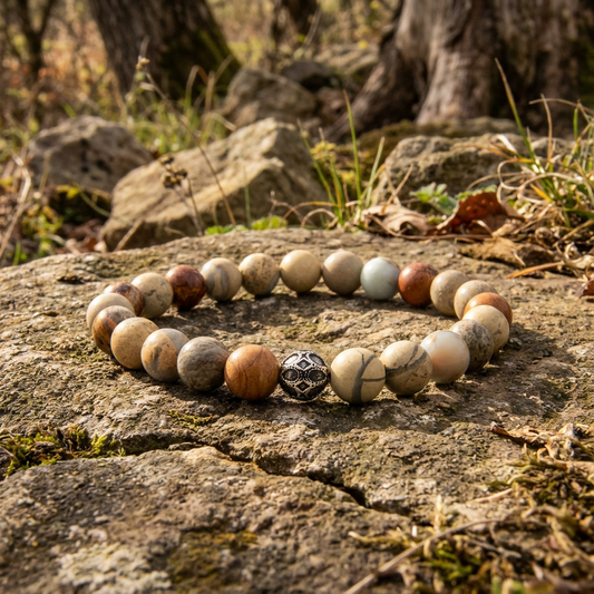 Elastische edelsteen armband met aqua terra jaspis met rvs bewerkte kraal
