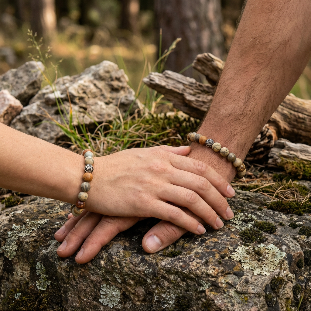 Elastische edelsteen armband met aqua terra jaspis met rvs bewerkte kraal