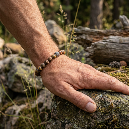 Elasatische edelsteen armband met de kralen luipaard jaspis en rvs bewerkte sierkraal