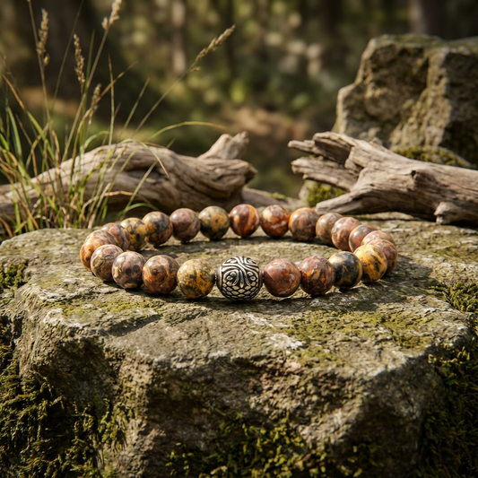 Elasatische edelsteen armband met de kralen luipaard jaspis en rvs bewerkte sierkraal