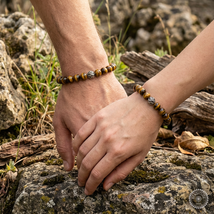 Elastische edelsteen armband met tijgeroog en rvs kraal