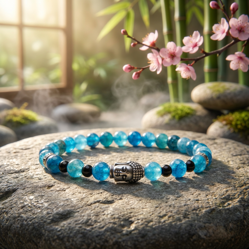 Elastische edelsteen armband met apatiet kralen en rvs boeddha hoofd