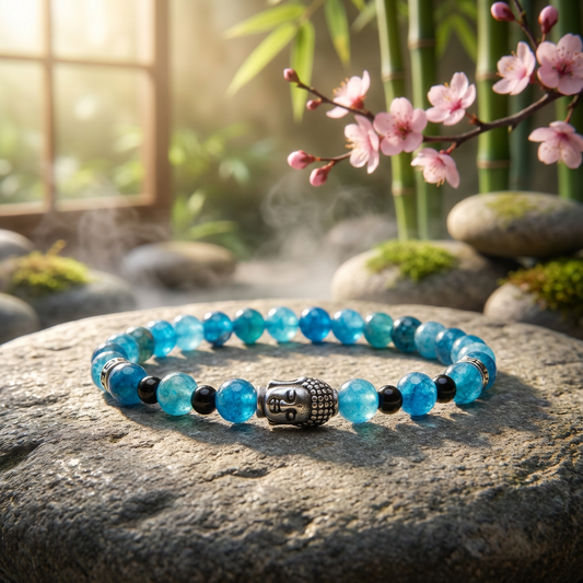 Elastische edelsteen armband met apatiet kralen en rvs boeddha hoofd