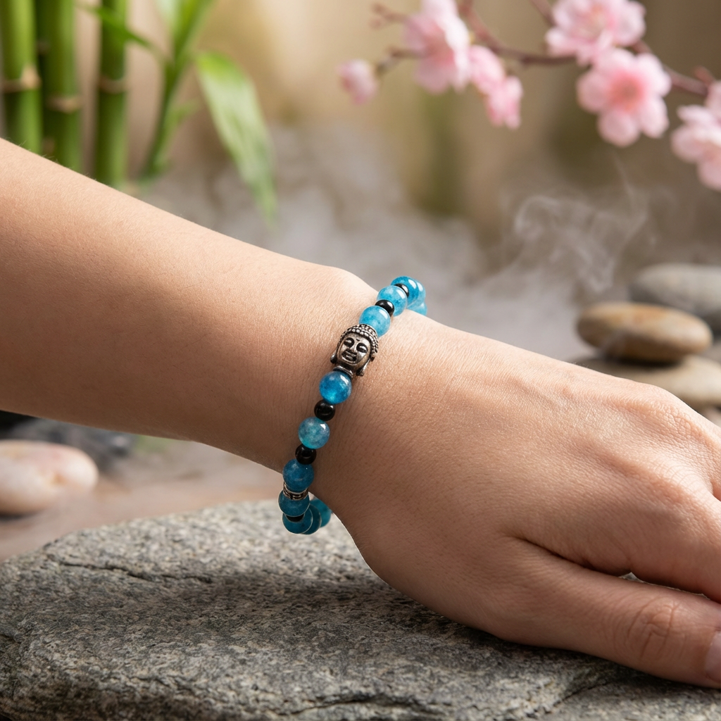 Elastische edelsteen armband met apatiet kralen en rvs boeddha hoofd