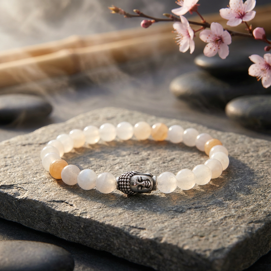 Elastiche edelsteen armband met aventurijn en boeddha hoofd van rvs