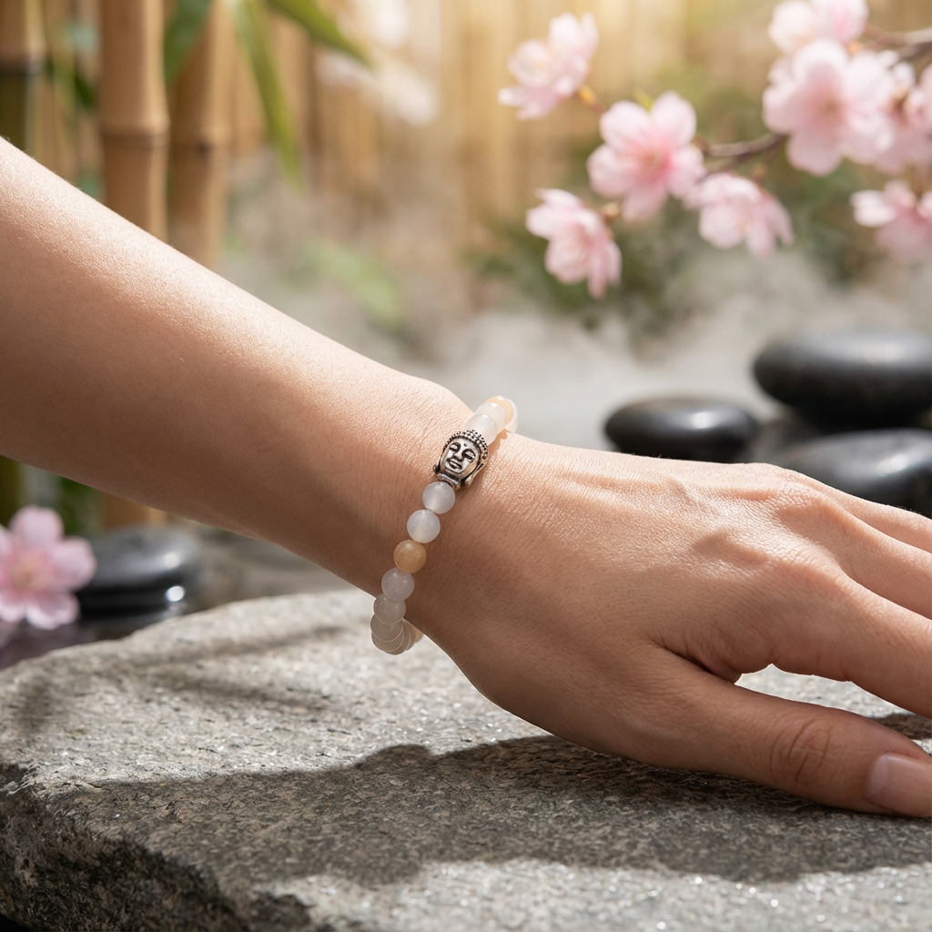 Elastiche edelsteen armband met aventurijn en boeddha hoofd van rvs