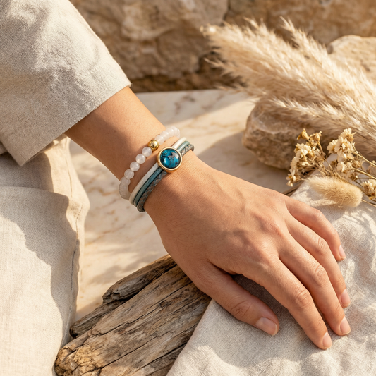 Bundelkorting op de leather & Stone edelsteen armband met 12mm Chrysocolla cabochon met de elastische edelsteen armband maansteen met gouden kraal.