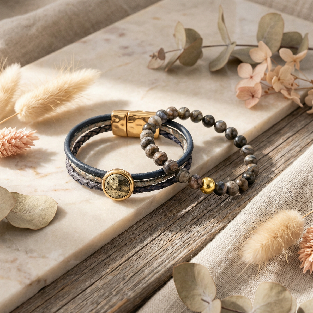 Bundelkorting Leather& stone Pyriet met elastisch edelsteen armband glaucophaan.