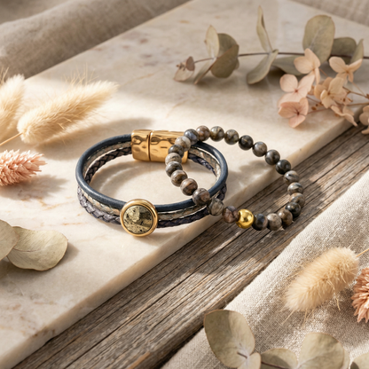 Bundelkorting Leather& stone Pyriet met elastisch edelsteen armband glaucophaan.
