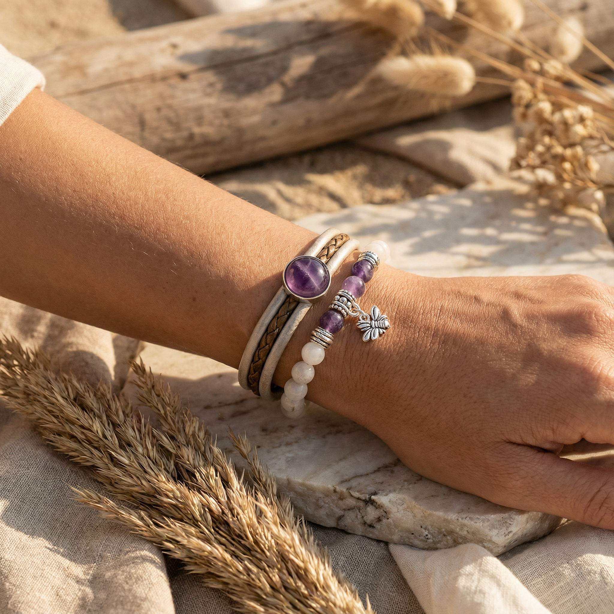 Bundelkorting leather&Stone Amethist met de elastische edelsteen armband pollination amethist en agaat.
