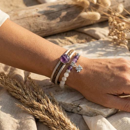 Bundelkorting leather&Stone Amethist met de elastische edelsteen armband pollination amethist en agaat.