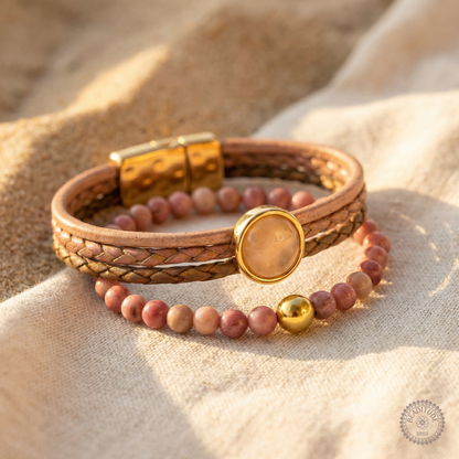 Bundelkorting Leather& Stone rozenkwarts en elastische edelsteen armband Rhodoniet.