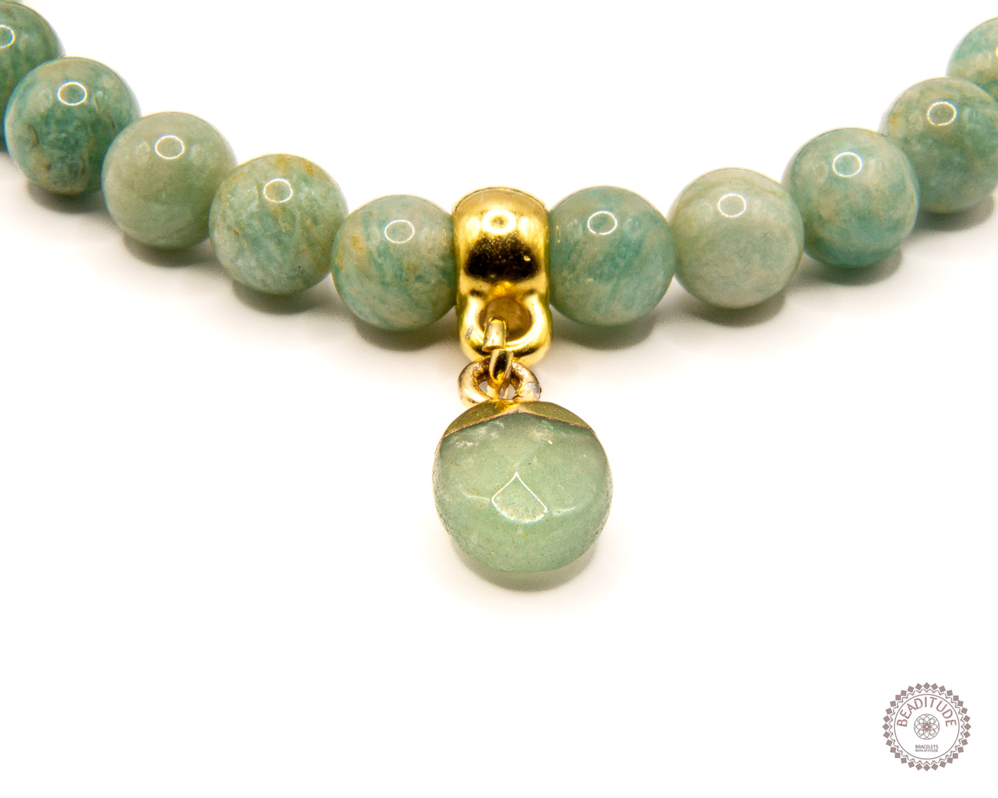 elastische edelsteen armband amazoniet met aventurijn bedel met gouden sierkralen