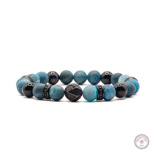 elastische edelsteen armband met zwarte rvs kraal en spacers, met 8mm matte apatiet & agaat edelsteen kralen.