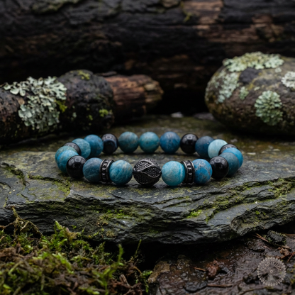 elastische edelsteen armband met zwarte rvs kraal en spacers, met 8mm matte apatiet & agaat edelsteen kralen.