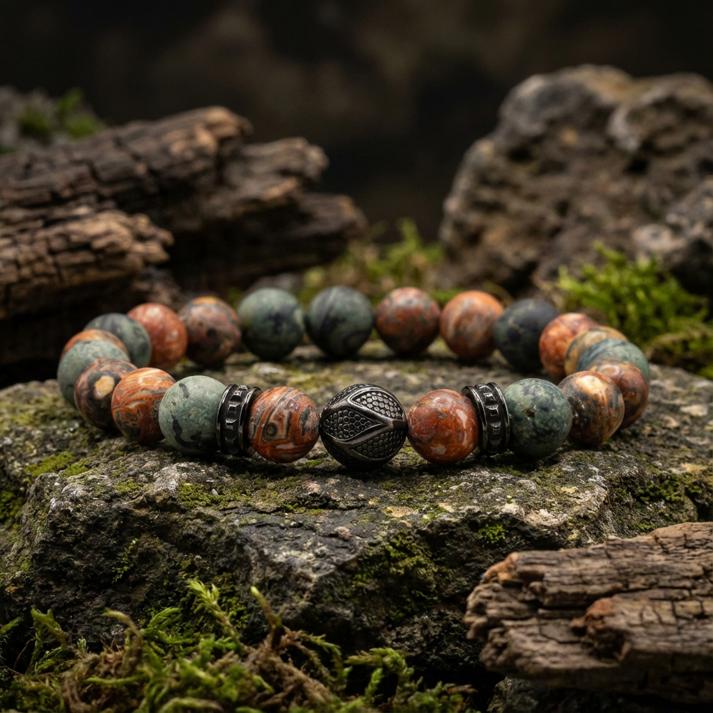 Elastische edelsteen armband met zwarte rvs onderdelen en 8mm luipaard jaspis en kambaba kralen