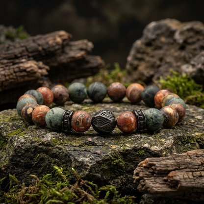 Elastische edelsteen armband met zwarte rvs onderdelen en 8mm luipaard jaspis en kambaba kralen