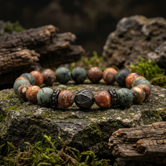 Elastische edelsteen armband met zwarte rvs onderdelen en 8mm luipaard jaspis en kambaba kralen
