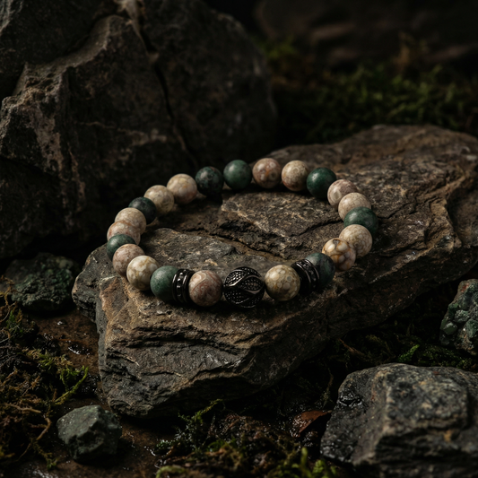 Elastische edelsteen armband met zwarte rvs spacers en bewerkte kraal. met 8mm edelsteen kralen serpentijn en jaspis.