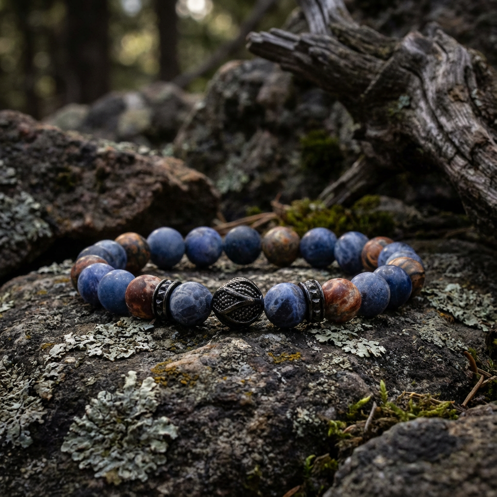 elastische edelsteen armband met zwarte rvs kraal en spacers, 8mm luipaard jaspis en matte sodaliet kraal
