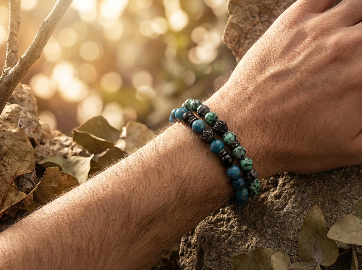 Elastische edelsteen armband met rvs spacers en zwarte sierkraal met 8mm sneeuwvlok obsidiaan en afrikaanse turkoois kralen
