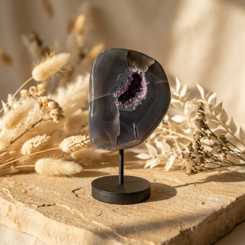 Agaat met Amethist geode op Standaard | Natuurlijke edelsteen decoratie