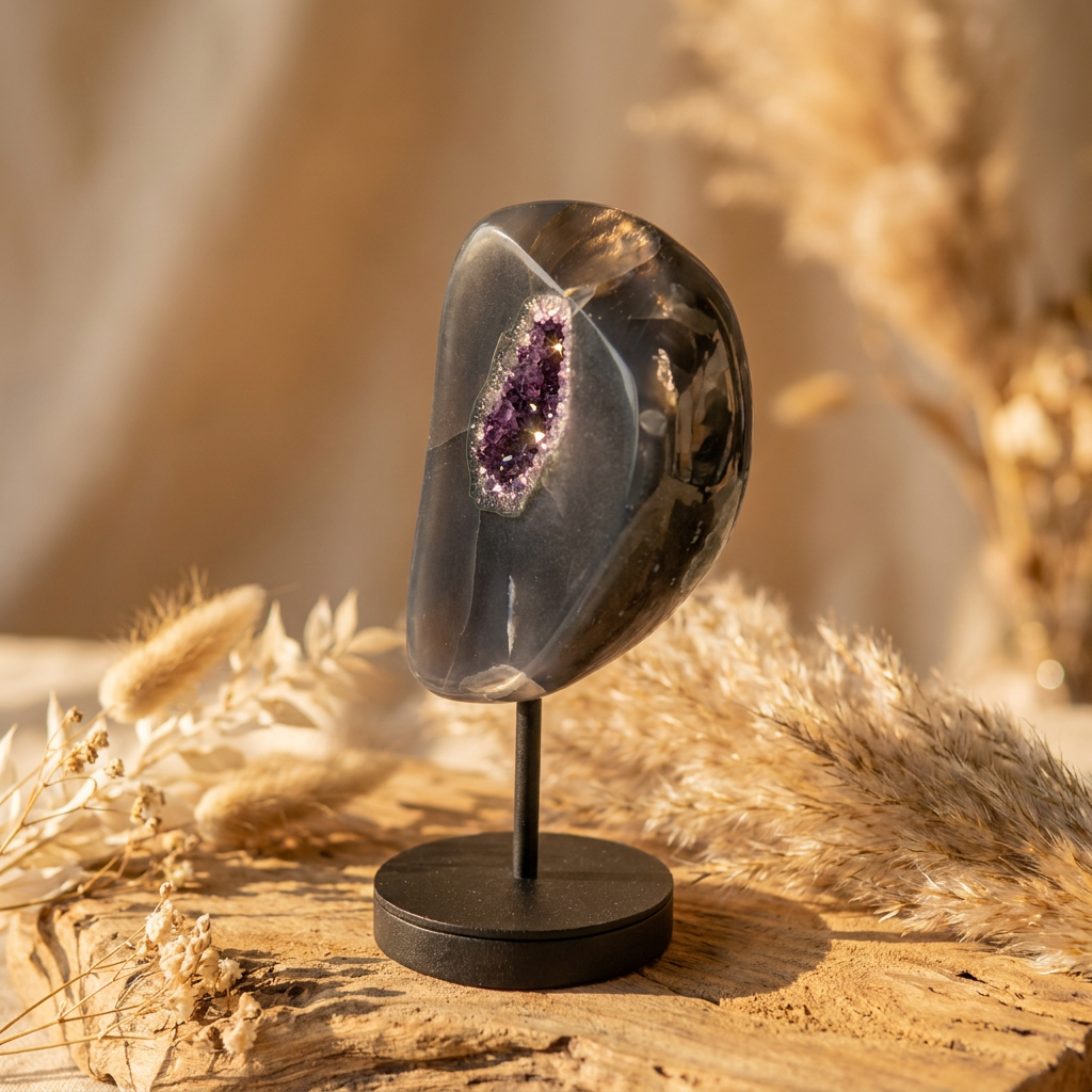 Agaat met Amethist geode op Standaard | Natuurlijke edelsteen decoratie
