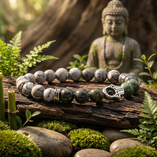 elastische edelsteen armband met hand van khamso/hamsa met 8mm edelstenen kambaba en picasso jaspis en rvs spacer