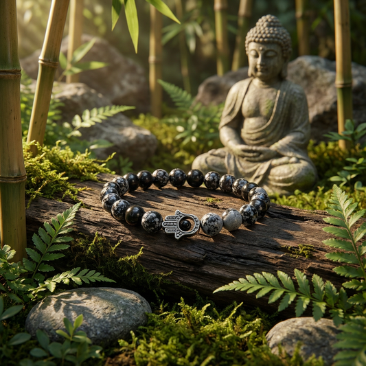 Handgemaakte elastische edelsteen armband met handje van khamso/hamsa en 8mm sneeuwvlok obsidiaan