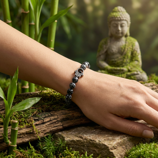 Handgemaakte elastische edelsteen armband met handje van khamso/hamsa en 8mm sneeuwvlok obsidiaan